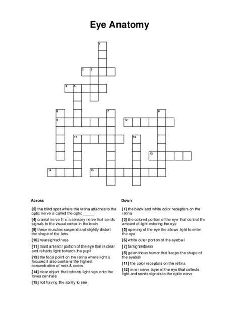 Find the latest crossword clues from New York Times Crosswords, LA Times Crosswords and many more. Enter Given Clue. ... Eye maladies 2% 4 LIEN: Legal remedy of a sort 2% 3 LID: Eye cover 2% 4 LENS: Eye part 2% 8 ANALYSIS: Breakdown and its …